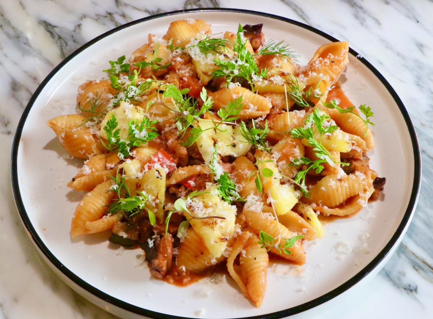 Pasta with OctopusRagu and Summer vegetables